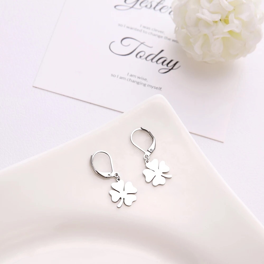 🎉 New Four Leaf Clover Silver Stainless Steel Hoop Earrings